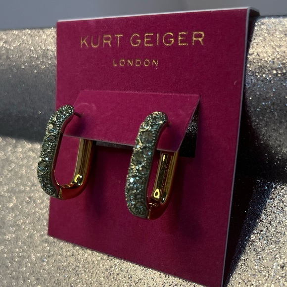 Kurt Geiger London Green Pavé Crystal Gold Oval Hoop Earrings NWT - Picture 6 of 8